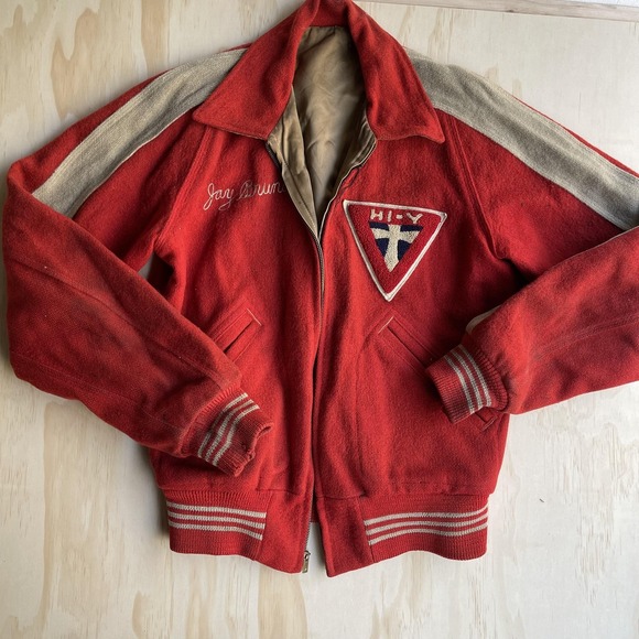 Vintage 50s Chas A Emmert Varsity Jacket Mens 36 Red Wool HI-Y School Letterman